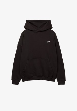 Black pullover hoodie with kangaroo pocket and small white "Swt?" logo on left chest, long sleeves, and ribbed cuffs and hem.