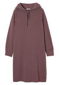 Kapuze dress tume lilat, mis sisaldab nöörist, pikki raglaansleiseid ja sirget lõiget. Pehme, sile kangastekstuuri.