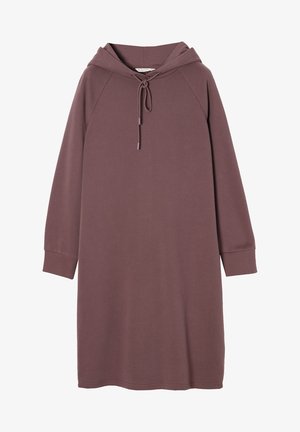 Haljina s kapuljačom u tamno ljubičastoj boji, s vezicom, dugim rukavima raglan kroja i ravnim rezom. Mekani, glatki materijal.