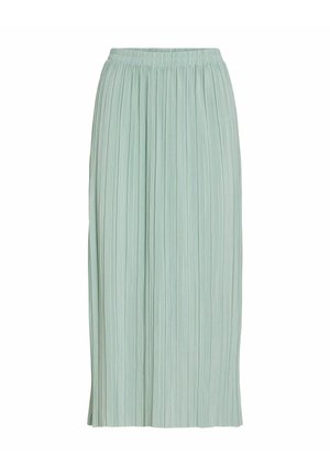 Jupe midi plissée vert clair avec taille élastique, coupe droite et tissu léger.