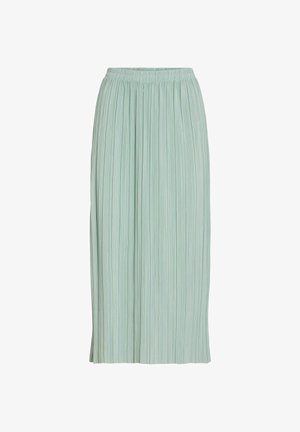 Jupe midi plissée vert clair avec taille élastique, coupe droite et tissu léger.