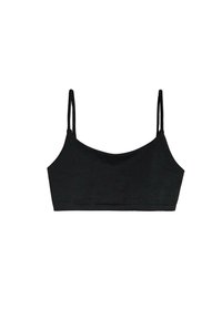 Zwarte bralette met dunne banden, gemaakt van zachte stof. Heeft een gladde textuur en een minimalistisch ontwerp zonder versieringen.