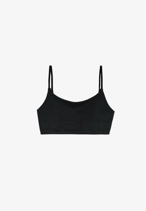 Brassiere negro con tirantes finos, confeccionado en tejido suave. Presenta una textura lisa y un diseño minimalista sin adornos.