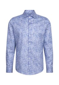 Chemise bleue à motif cachemire avec manches longues, col à boutons et tissu à finition lisse. Boutons blancs.
