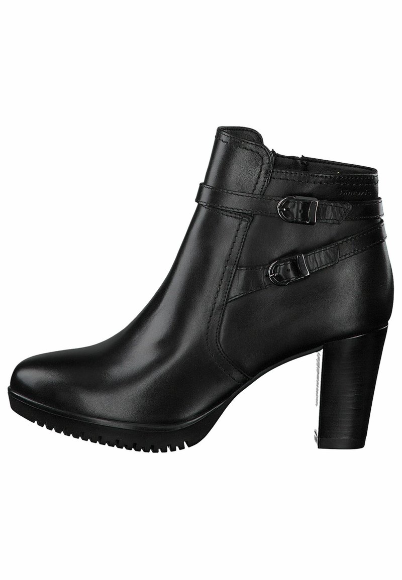 Bottine en cuir noir avec deux sangles latérales à boucles, bout arrondi et talon carré empilé.