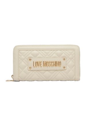 Portafoglio trapuntato beige con cerniera dorata e targhetta logo "LOVE MOSCHINO" dorata sul davanti.