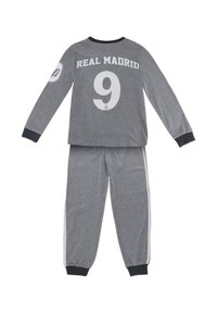 Graue Langarmpyjamas mit schwarzen Akzenten. Auf der Rückseite befindet sich "REAL MADRID" und die Nummer 9. Mit elastischen Bündchen und seitlichen Streifen.