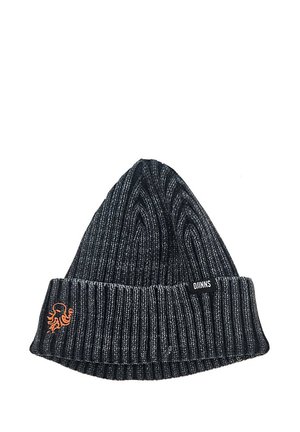 Black ribbed knit beanie with a turn-up cuff, featuring an orange embroidered design and a small black label that reads "DJINNS."