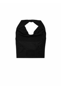 Black sleeveless top with a twisted neckline, featuring a textured finish and gathered accents at the waist for added detail.