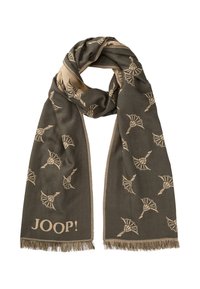 Écharpe vert foncé avec des détails en beige et des bords effilochés. Logo "JOOP!" présent en bas. Matière douce, forme rectangulaire.