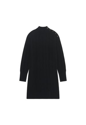 Zwarte gebreide jurk met een hoge halslijn, lange mouwen en een diamanten patroon. Kenmerkt knopen op de schouder en geribbelde manchetten.