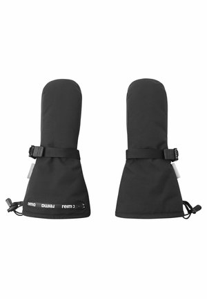 Mittens neri impermeabili con polsini lunghi, fissati con una cinghia regolabile e un cordino, con un marchio lungo il bordo del polsino.