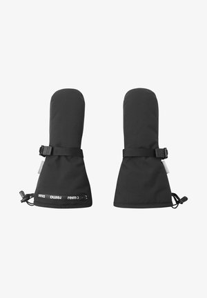 Czarne wodoodporne rękawice z długimi mankietami, zabezpieczone regulowanym paskiem i ściągaczem, z logo na krawędzi mankietu.