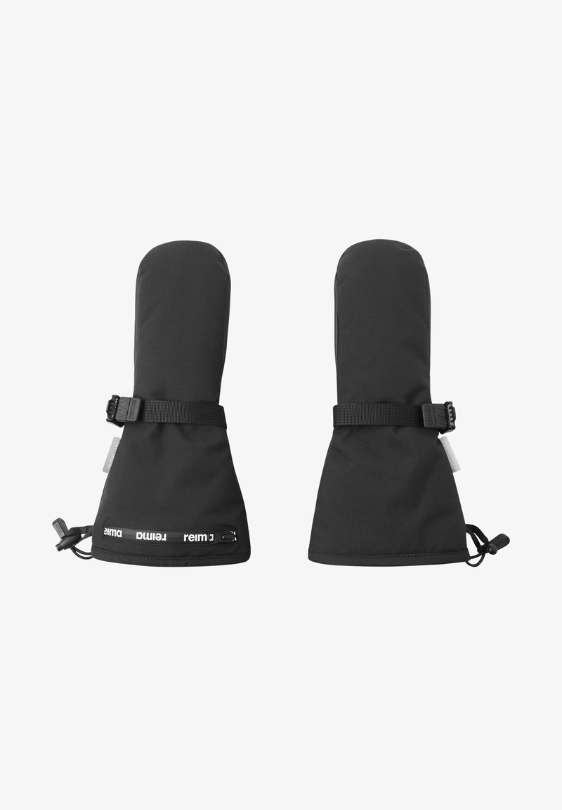 Schwarze wasserdichte Fäustlinge mit langen Bündchen, die mit einem verstellbaren Riemen und Kordelzug gesichert sind, und mit einer Markenlogo entlang des Bündchenkante.