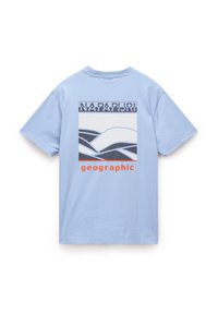 Light blue short-sleeve T-shirt featuring a graphic design in white, navy, and orange with "NAPAPIJRI" and "geographic" text. Soft cotton material.