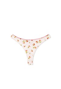Helle rosa Damen-Tanga-Unterwäsche mit kleinem roten und grünen Blumenmuster sowie rotem Saum auf weißem Hintergrund.