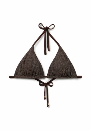 Brun glitrende trekants bikini top med halterneck og bindebånd bagpå med små gyldne perle detaljer i enderne af snorene.