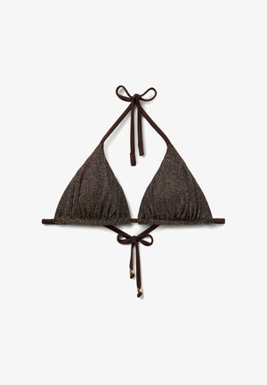 Brun glitrende trekants bikini top med halterneck og bindebånd bagpå med små gyldne perle detaljer i enderne af snorene.