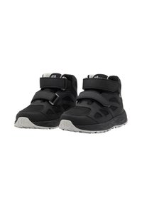 Black athletic shoes with a textured mesh upper, featuring dual Velcro straps, a cushioned collar, and a contrasting gray sole with traction pattern.