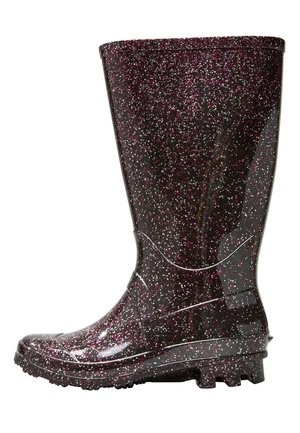 Botte de pluie haute et brillante avec base noire et motif tacheté rouge et blanc, semelle texturée et hauteur mi-mollet.