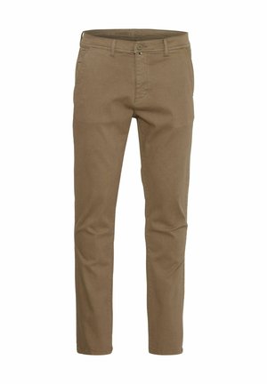 Khaki chinos lavet af strækbar bomuld, der har fremadskuende lommer, lukning med knap og en slim fit-design. Glat tekstur og neutral farve.