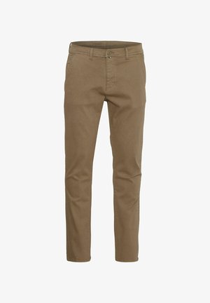 Khaki chinos wykonane z elastycznej bawełny, z przednimi kieszeniami, zapięciem na guzik oraz slim fit. Gładka faktura i neutralny kolor.