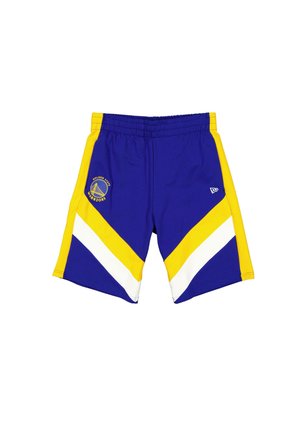 Blaue Basketballshorts mit gelben und weißen diagonalen Streifen, elastischem Bund und Golden State Warriors-Logo am linken Bein.