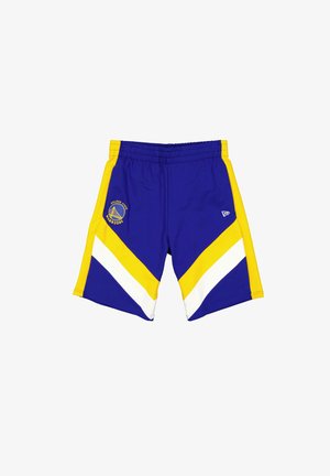 Blaue Basketballshorts mit gelben und weißen diagonalen Streifen, elastischem Bund und Golden State Warriors-Logo am linken Bein.
