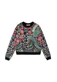 Sweat-shirt noir avec broderie florale et de feuilles multicolores vibrantes. Présente un col rond et des poignets et ourlet côtelés.