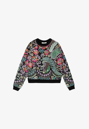 Sweat-shirt noir avec broderie florale et de feuilles multicolores vibrantes. Présente un col rond et des poignets et ourlet côtelés.