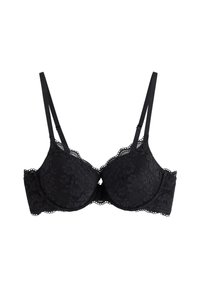 Sort blonderet bh med polstring og justerbare stropper, der har blomster mønstre og bølgede kanter. Strukturerede kopper giver støtte og form.