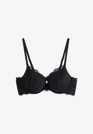 Reggiseno imbottito in pizzo nero con spalline regolabili, caratterizzato da motivi floreali e bordi a scallop. Le coppe strutturate offrono supporto e modellano.