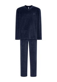 Conjunto de pijama de forro polar suave en azul marino. Presenta una parte superior de manga larga con cuello en V y pantalones a juego con un ajuste relajado y bolsillos laterales.