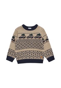 Beige Strickpullover mit einem dunkelblauen gerippten Kragen und Bündchen, Fahrzeug- und Baum-Muster entlang des Körpers und einem strukturierten Design.