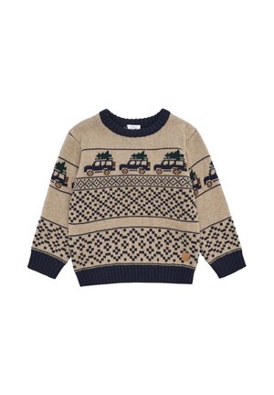 Pull en tricot beige avec un col et des poignets en côtes bleu marine, orné de motifs de véhicules et d'arbres sur le corps et d'un design texturé.