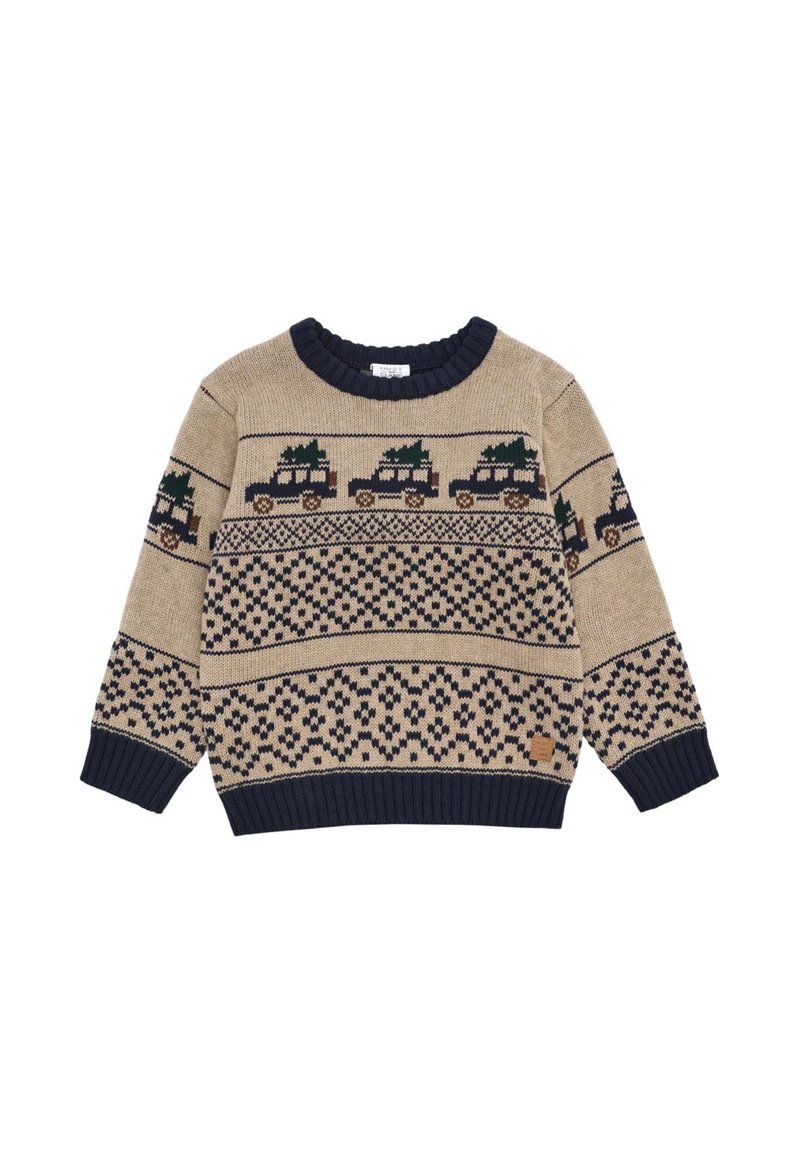 Beige Strickpullover mit einem dunkelblauen gerippten Kragen und Bündchen, Fahrzeug- und Baum-Muster entlang des Körpers und einem strukturierten Design.