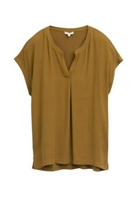 Haut à manches courtes jaune moutarde avec un col en V et une coupe ample. Tissu doux avec une texture lisse et un ourlet légèrement arrondi.