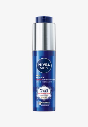Nivea Men 2-in-1 anti-age cream in a blue and silver cylindrical bottle. Text highlights features: anti-pigmentation and wrinkle reduction.