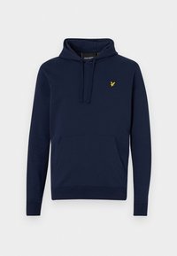 Sweat à capuche bleu marine avec poche kangourou à l’avant et petit logo oiseau jaune sur la poitrine gauche, avec capuche à cordon et manches longues.