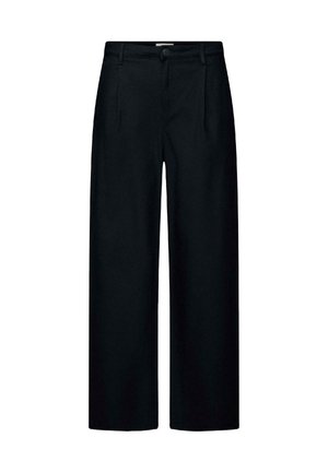 Svarte bukser med vide ben, frontknapper og glidelås, beltestropper og sidelommer, vist på hvit bakgrunn.