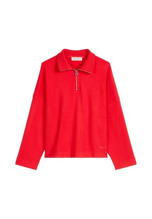 Roter Pullover mit Reißverschluss am Kragen, weiten langen Ärmeln und lockerem Sitz. Hergestellt aus weichem Material, mit Markenlogo am Saum.
