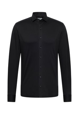 Czarna koszula z długim rękawem z guzikiem, z kołnierzykiem, o gładkiej fakturze i klasycznym kroju. Sześć guzików z przodu i kontrastujące mankiety.