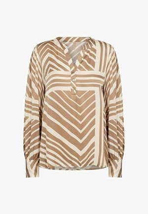 Šviesiai bežinė ilgasleeve palaidinė su kontrastingomis rudomis zigzago juostelėmis. Turi beapykaklį dizainą ir trišalį mygtukų užsegimą. Lygus audinys.