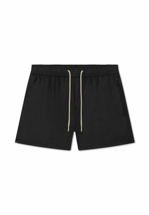 Shorts de bain noirs en matériau léger avec une fermeture à cordon de serrage et une poche latérale zippée. Présente une texture lisse.