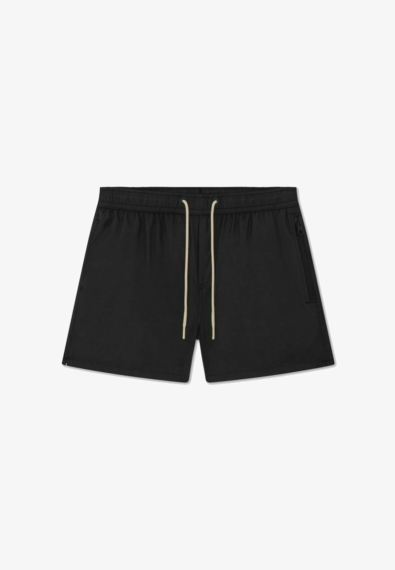 Shorts de bain noirs en matériau léger avec une fermeture à cordon de serrage et une poche latérale zippée. Présente une texture lisse.