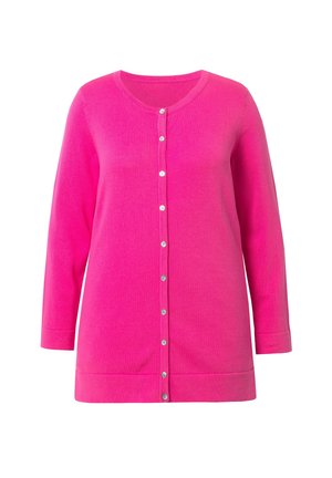 Fuchsia Langarm-Cardigan aus weichem Material, mit Rundhalsausschnitt, vorderen Knöpfen und rippenbesetzten Bündchen und Saum.