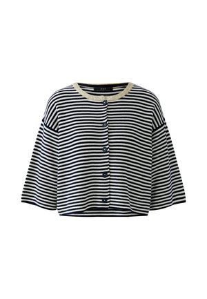 Kroppend vest met horizontale marineblauwe en witte strepen, vijf knopen en een beige, getextureerde ronde hals.