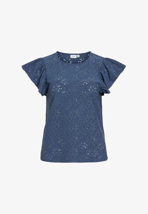 Navyblå bluse med korte ærmer med blomstret hulmønster og rund halsudskæring, flagrende ærmer og en afslappet pasform.