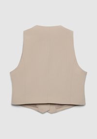 Beige ärmellose Weste mit tailliertem Schnitt, feiner Textur und geteiltem Rückensaum. Glatter Stoff mit sauberen Nähten und ohne sichtbare Verschlüsse.