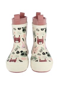 Bottes de pluie en caoutchouc avec une palette de couleurs rose et crème. Présentent des motifs animaliers et des designs floraux. Tirants en textile rose ajustables sur le dessus.